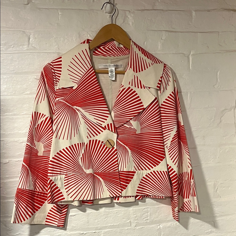 Diane Von Furstenberg Red and Cream Blazer 100% Cotton Stunning